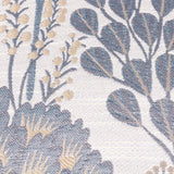 Ophelia Jacquard Polyester Cushion in Wedgewood, close-up of woven botanical pattern with blue leaves and beige seed heads on an off-white ground.