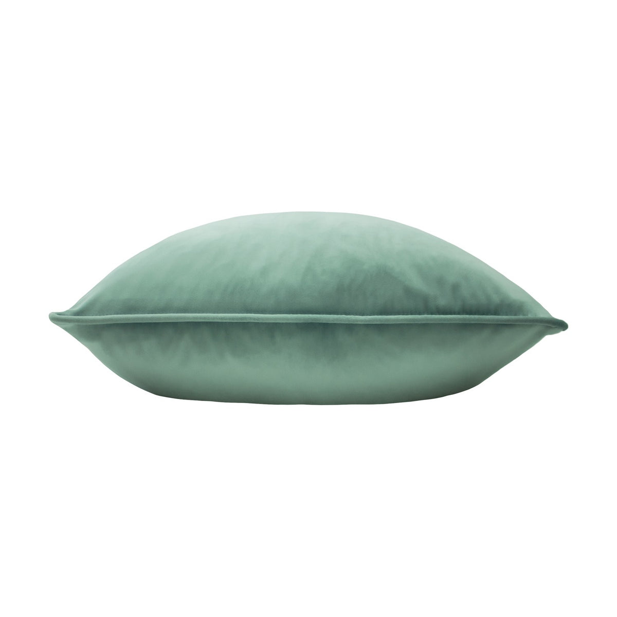 Opulence Plain Velvet Cushion in eau de nil, a soft sage-green square cushion with piped edge, shown side-on against a plain white background.