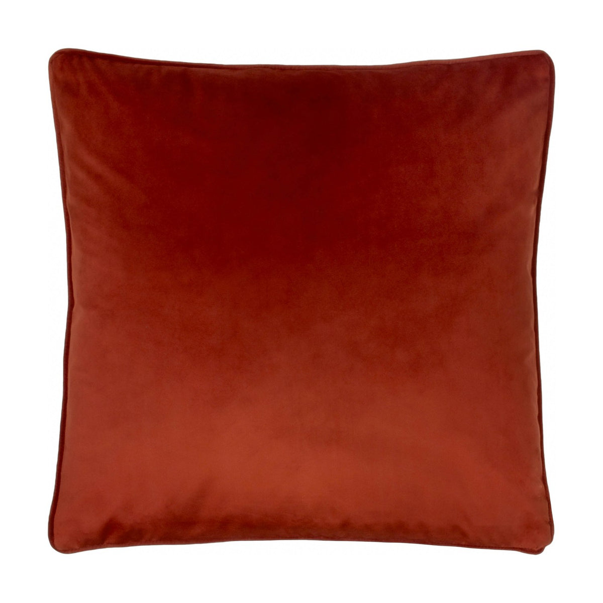 Opulence Plain Velvet Cushion in Sunset, a square rust-orange velvet cushion with a neat piped edge, shown on a plain white background.