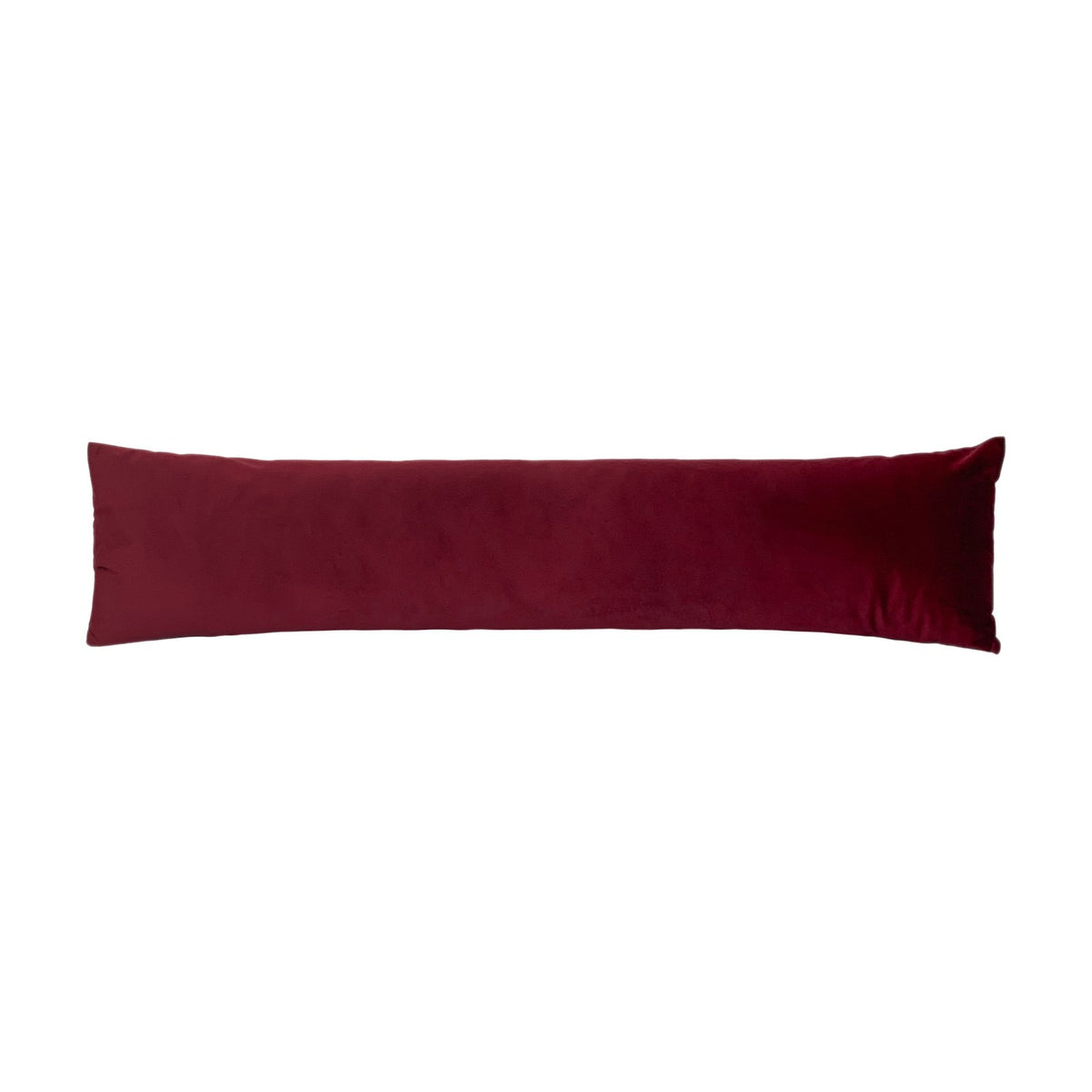 Opulence Plain Velvet Draught Excluder in burgundy, a long plain bolster cushion with soft velvet pile and no pattern, shown on a plain white background.