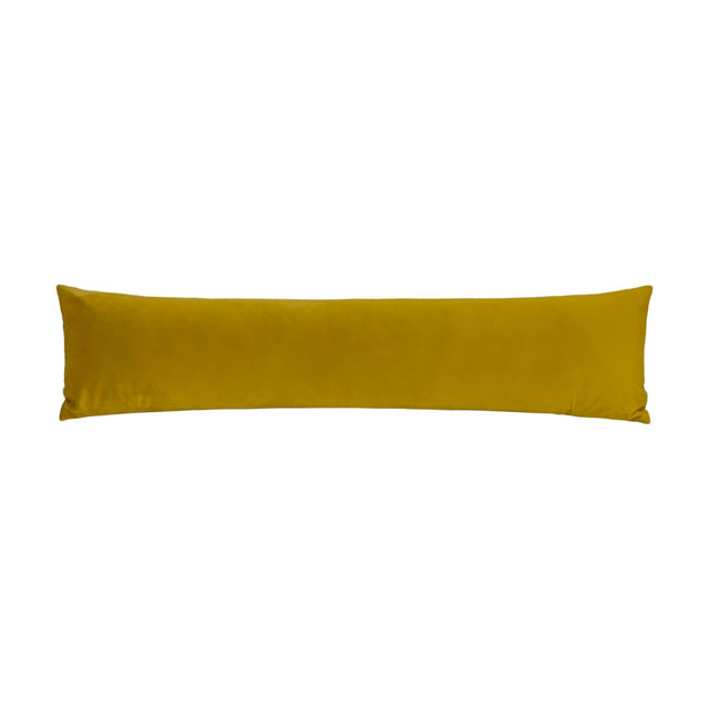 Opulence Plain Velvet Draught Excluder in saffron yellow, a long bolster-style cushion with plain velvet fabric and soft edging, shown on a white background.