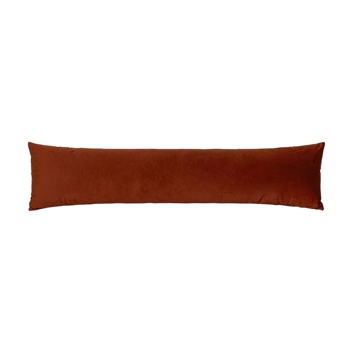 Opulence Plain Velvet Draught Excluder in sunset orange, a long bolster cushion with plain velvet fabric, shown on a plain white background.