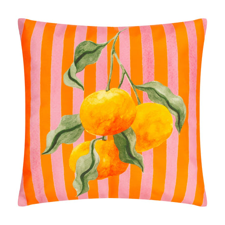 Square polyester cushion in orange and pink vertical stripes, printed with a watercolour design of oranges and green leaves on a branch, shown on a plain white background.