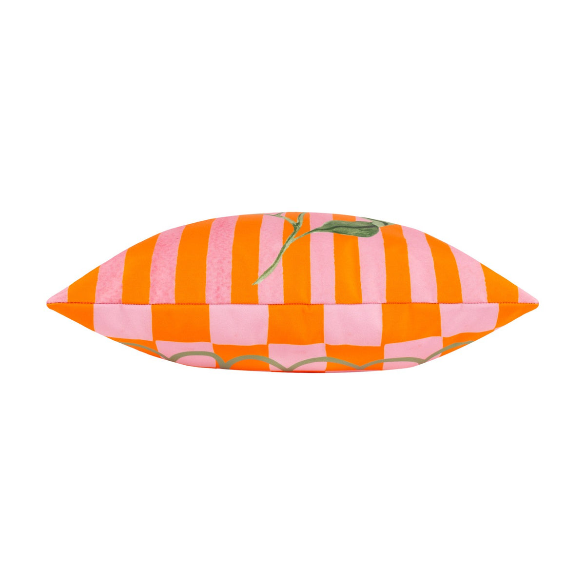 Side view of the Oranges Check Polyester Cushion showing pink and orange striped edges with a checkered base and painted leaf detail, on a plain white background.