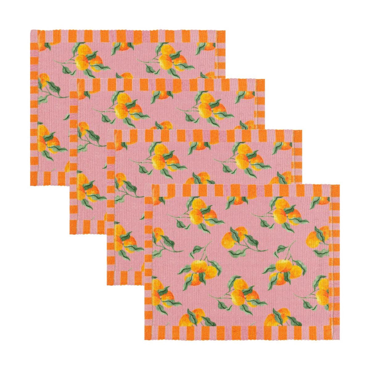 Set of four rectangular fabric placemats in pink with an orange floral print and orange-and-pink striped side borders, arranged in a staggered overlapping row on a white background.