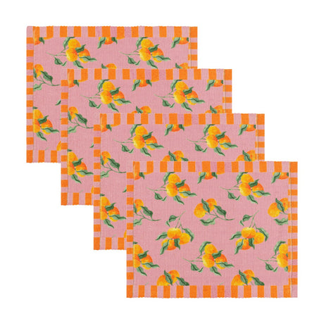 Set of four rectangular fabric placemats in pink with an orange floral print and orange-and-pink striped side borders, arranged in a staggered overlapping row on a white background.