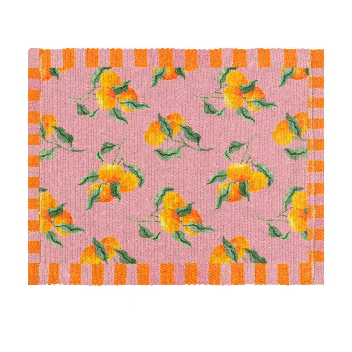 Rectangular pink polyester placemat with a digitally printed orange fruit and green leaf pattern, bordered on two sides by orange and pink stripes, shown on a plain white background.