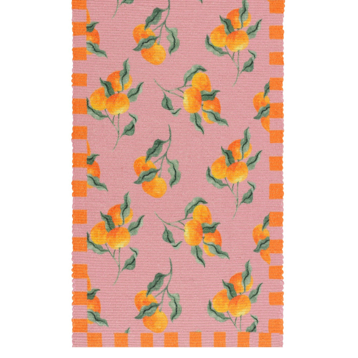 Pink polyester table runner with a scattered orange and green leaf branch print, finished with an orange and pink striped border at each end.