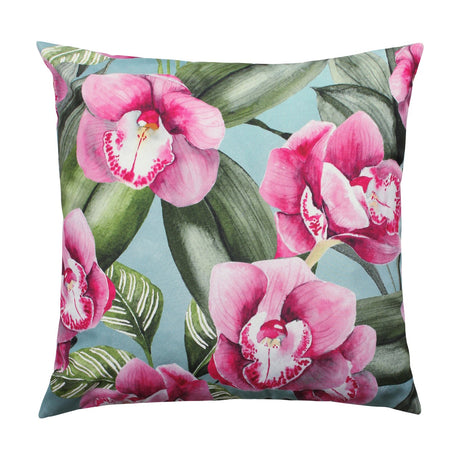 Square scatter cushion in polyester with a duck egg blue ground, featuring a large watercolour print of pink orchids and deep green tropical leaves edge to edge, shown on a white background.