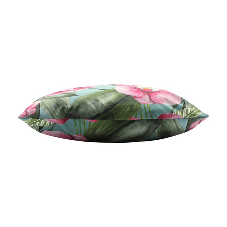Side view of the Orchids Floral Polyester Cushion in Duck Egg, showing pink watercolour orchids and green leaves printed edge to edge, on a white background.