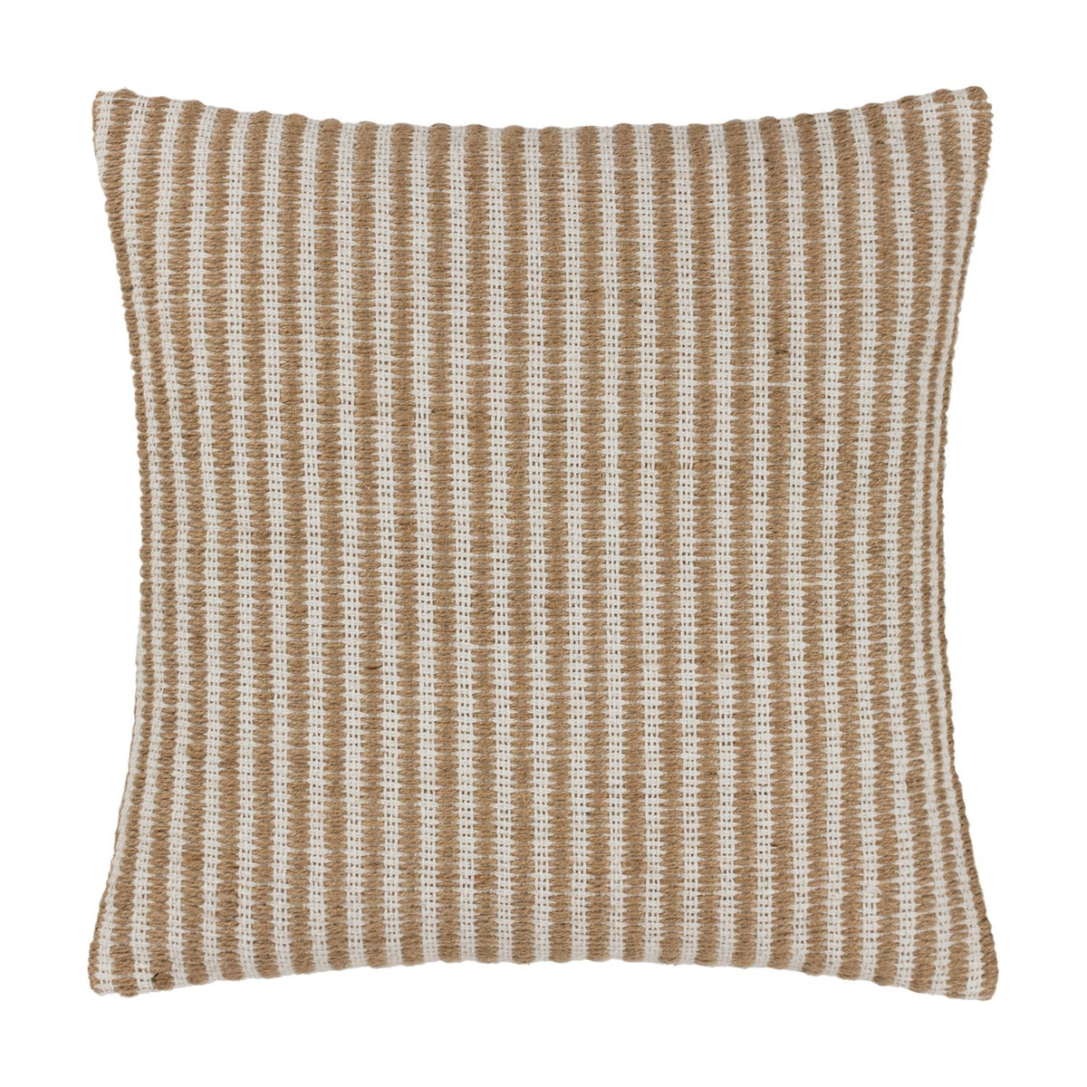Organik Plain Cotton Cushion in natural, a 45 x 45cm square cushion with fine vertical stripes of sandy jute and soft white cotton, shown on a plain background.