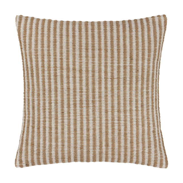 Organik Plain Cotton Cushion in natural, a 45 x 45cm square cushion with fine vertical stripes of sandy jute and soft white cotton, shown on a plain background.