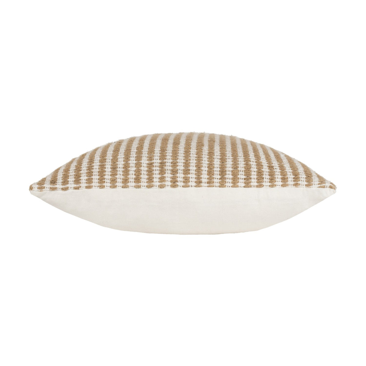Organik Plain Cotton Cushion in Natural, shown side-on with a plain white cotton back and a striped jute-and-cotton textured front, on a plain white background.