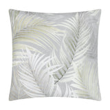 Palma Reversible Polyester Cushion in green, square shape with a tonal botanical palm leaf print on a grey fabric base, shown on a plain white background.