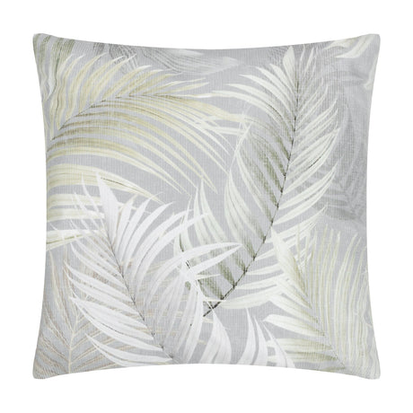 Palma Reversible Polyester Cushion in green, square shape with a tonal botanical palm leaf print on a grey fabric base, shown on a plain white background.