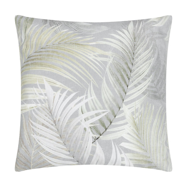 Palma Reversible Polyester Cushion in green, square shape with a tonal botanical palm leaf print on a grey fabric base, shown on a plain white background.