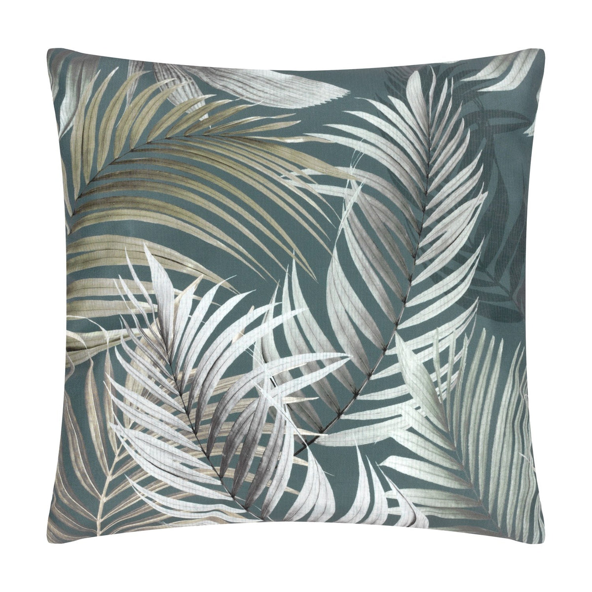 Palma Reversible Polyester Cushion in green, square outdoor cushion with tonal botanical palm leaf print, shown on a plain white background.