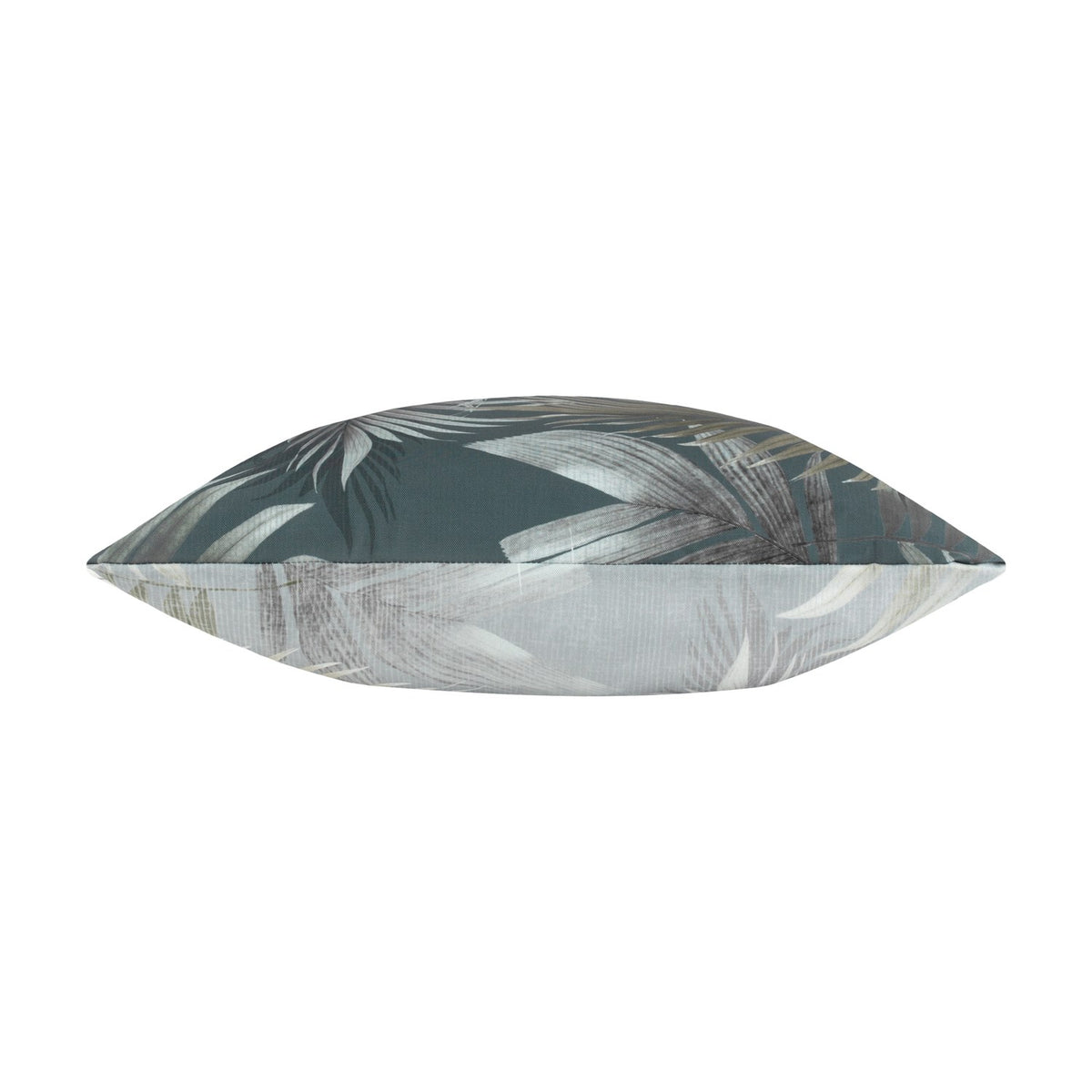 Palma Reversible Polyester Cushion in green, side view showing tonal botanical leaf print on green and white sides, 43 x 43cm square, plain white background.