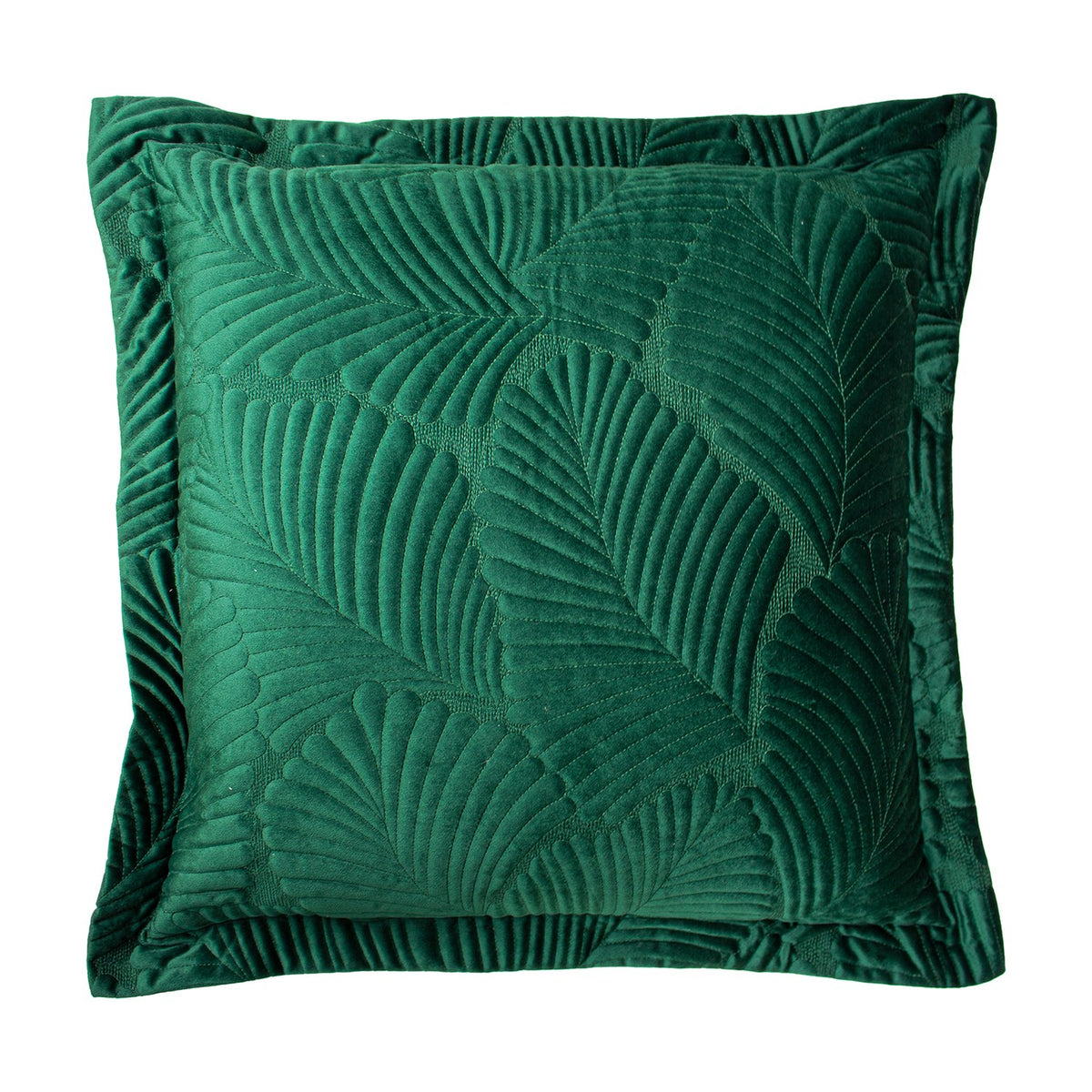Palmeria Velvet Cotton Cushion in emerald green, a square cushion with a raised quilted palm-leaf design and flanged edge, shown on a plain white background.