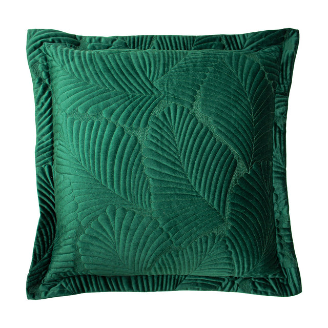 Palmeria Velvet Cotton Cushion in emerald green, a square cushion with a raised quilted palm-leaf design and flanged edge, shown on a plain white background.