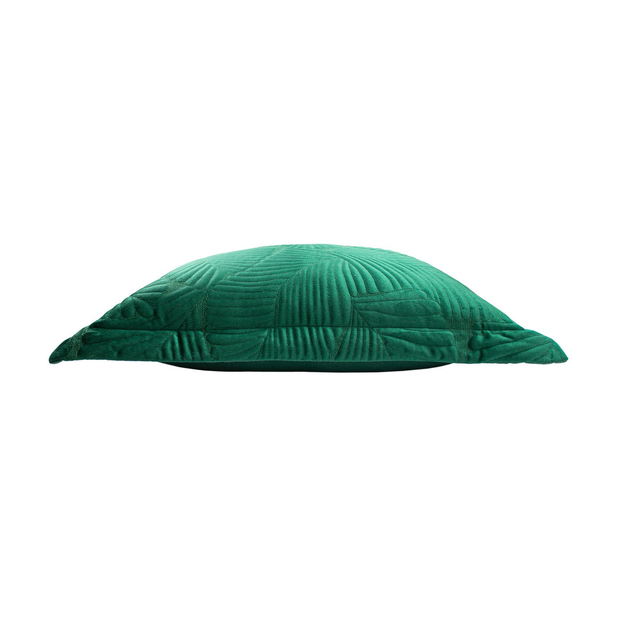 Side view of the Palmeria Velvet Cotton Cushion in emerald, showing quilted palm-leaf stitching on a plump velvet cover, set against a plain white background.