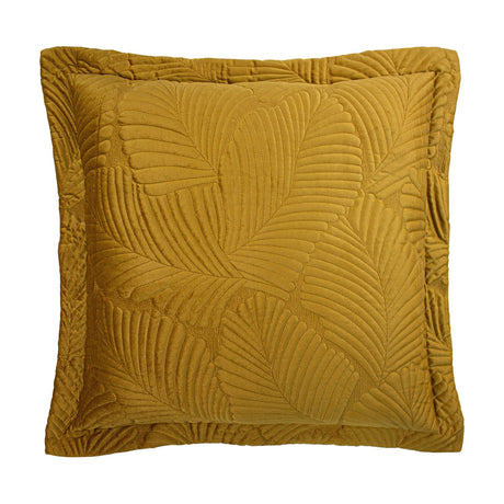 Palmeria Velvet Cotton Cushion in gold, square with a flanged border, featuring a quilted palm-leaf pattern on velvet fabric, shown on a plain white background.