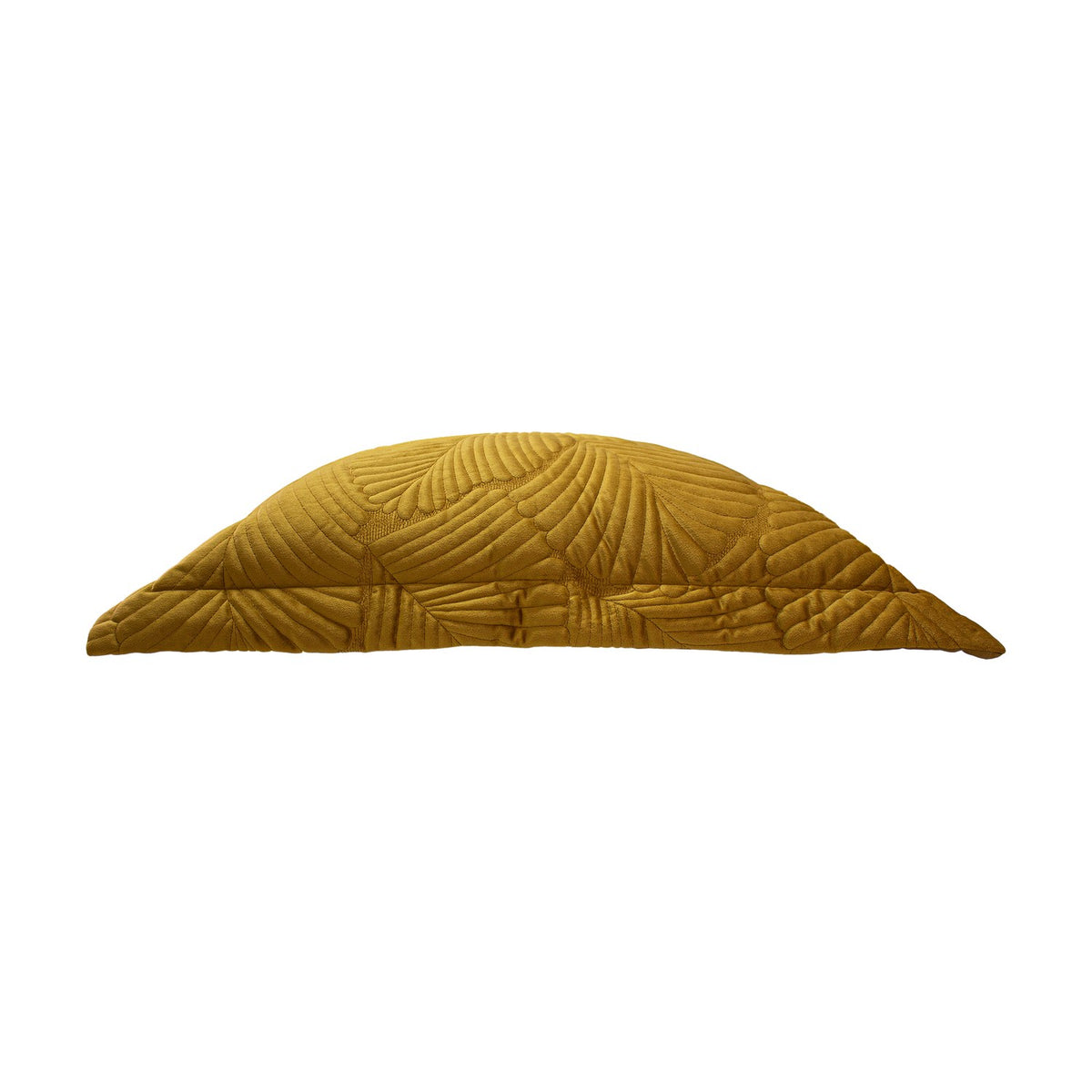 Palmeria Velvet Cotton Cushion in gold, side view showing quilted palm-leaf embroidered velvet front, photographed on a plain white background.