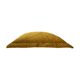 Palmeria Velvet Cotton Cushion in gold, side view showing quilted palm-leaf embroidered velvet front, photographed on a plain white background.