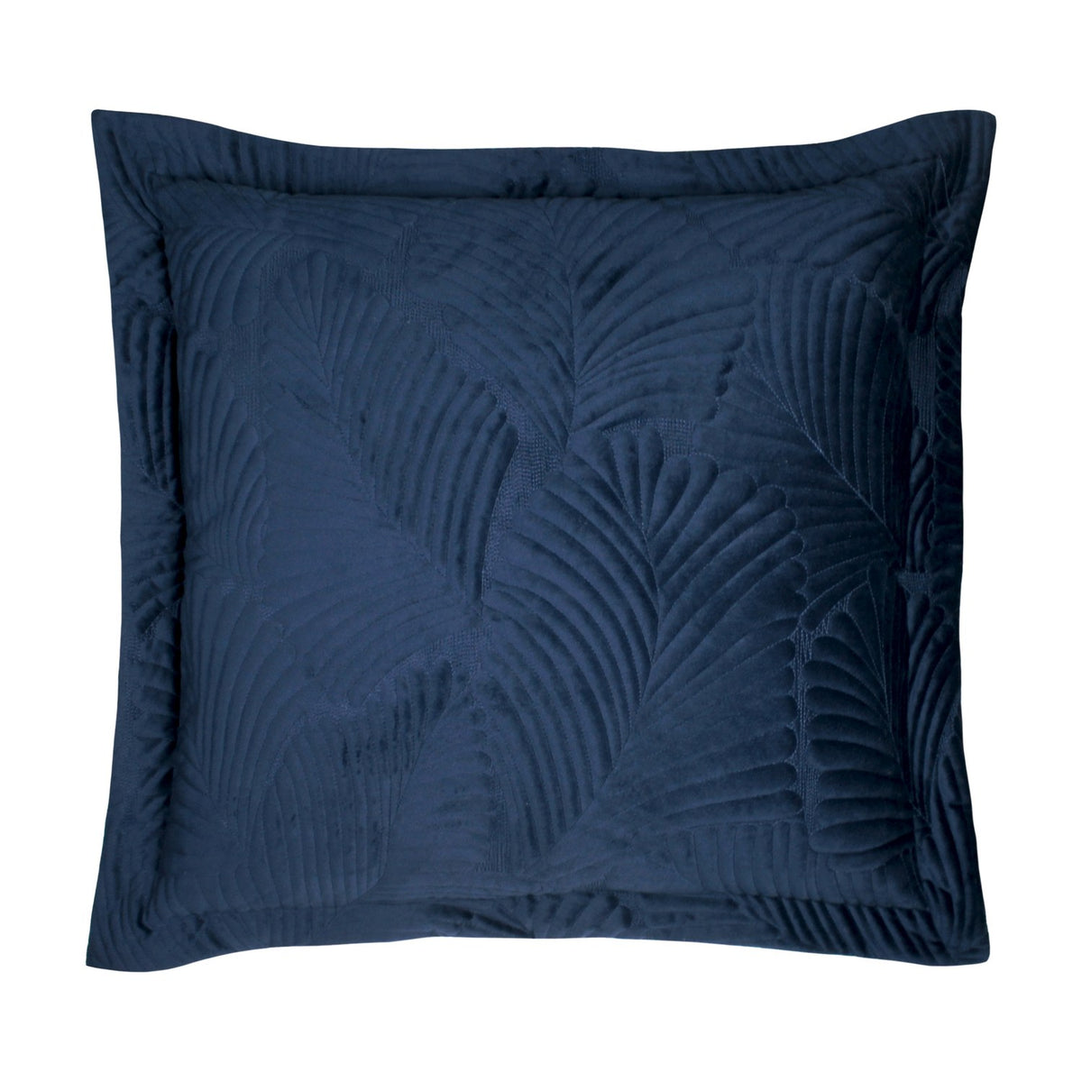 Palmeria Velvet Cotton Cushion in navy with a quilted, embroidered palm-leaf design and flanged edge, shown on a plain white background.