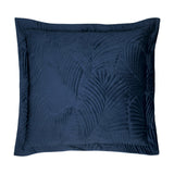 Palmeria Velvet Cotton Cushion in navy with a quilted, embroidered palm-leaf design and flanged edge, shown on a plain white background.