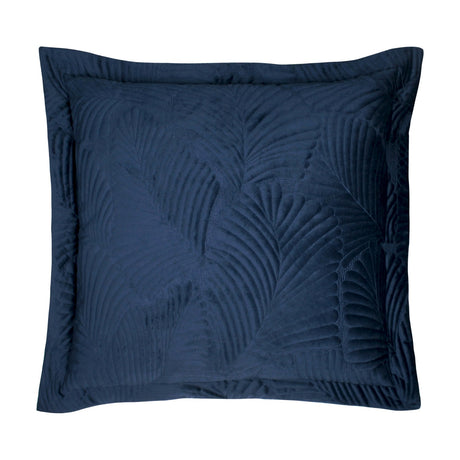 Palmeria Velvet Cotton Cushion in navy with a quilted, embroidered palm-leaf design and flanged edge, shown on a plain white background.