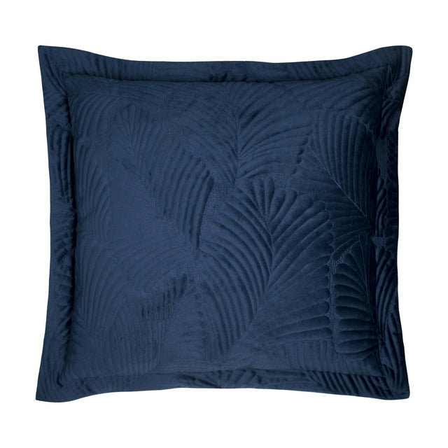 Palmeria Velvet Cotton Cushion in navy with a quilted, embroidered palm-leaf design and flanged edge, shown on a plain white background.