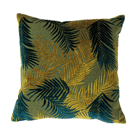 Palm Grove Jacquard Velvet Cushion, 50 x 50cm square, woven palm leaf pattern in deep teal and warm gold on a green ground, shown on a plain white background.