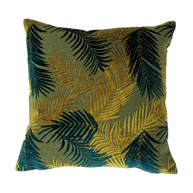 Palm Grove Jacquard Velvet Cushion, 50 x 50cm square, woven palm leaf pattern in deep teal and warm gold on a green ground, shown on a plain white background.