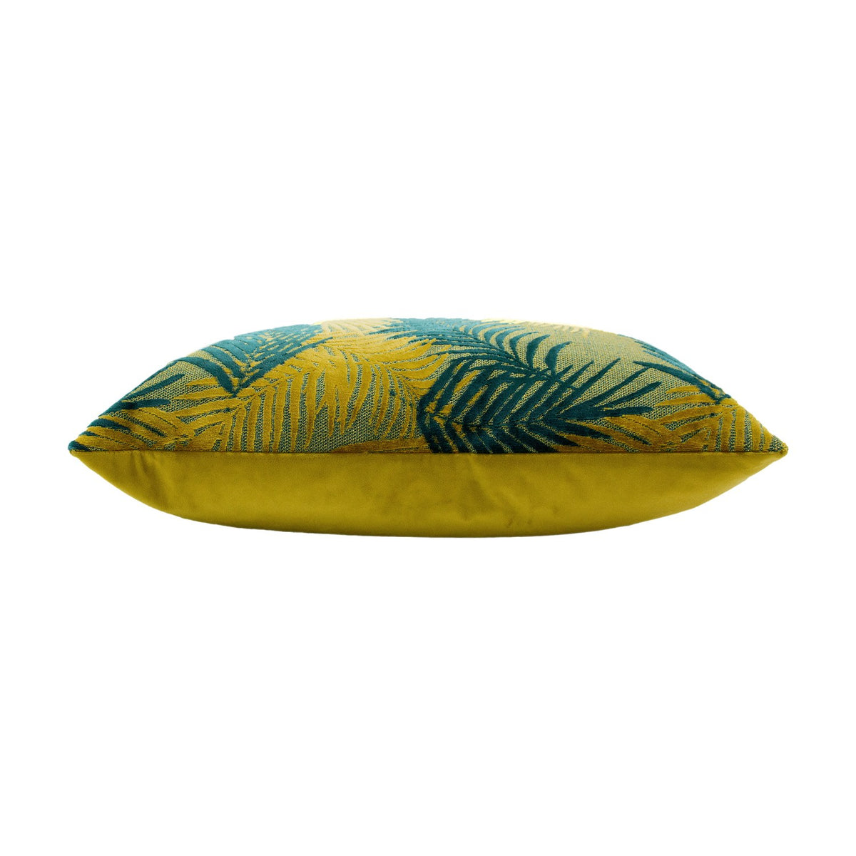 Palm Grove Jacquard Velvet Cushion in gold and teal, shown side-on with a palm leaf woven pattern on top and plain gold velvet underside, set against a white background.