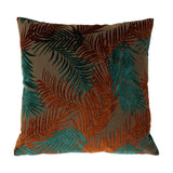 Palm Grove Jacquard Velvet Cushion in teal and rust, square with raised palm frond pattern on a mid-brown ground, shown against a plain white background.