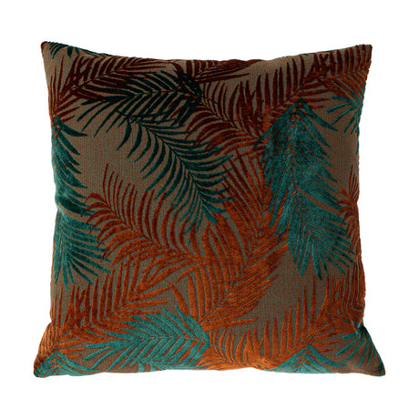 Palm Grove Jacquard Velvet Cushion in teal and rust, square with raised palm frond pattern on a mid-brown ground, shown against a plain white background.