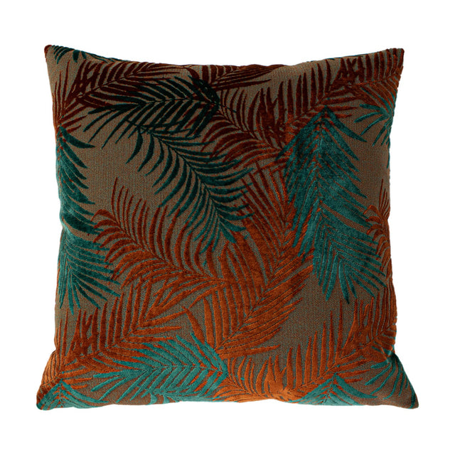 Palm Grove Jacquard Velvet Cushion in teal and rust, square with raised palm frond pattern on a mid-brown ground, shown against a plain white background.