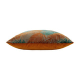 Side view of the Palm Grove Jacquard Velvet Cushion, showing a rust velvet base and a jacquard top with teal and rust palm frond pattern, on a plain white background.