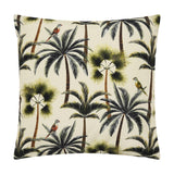Square outdoor scatter cushion in cream with a repeated palm tree print in green and olive tones, featuring perched parrots, on a plain white background.