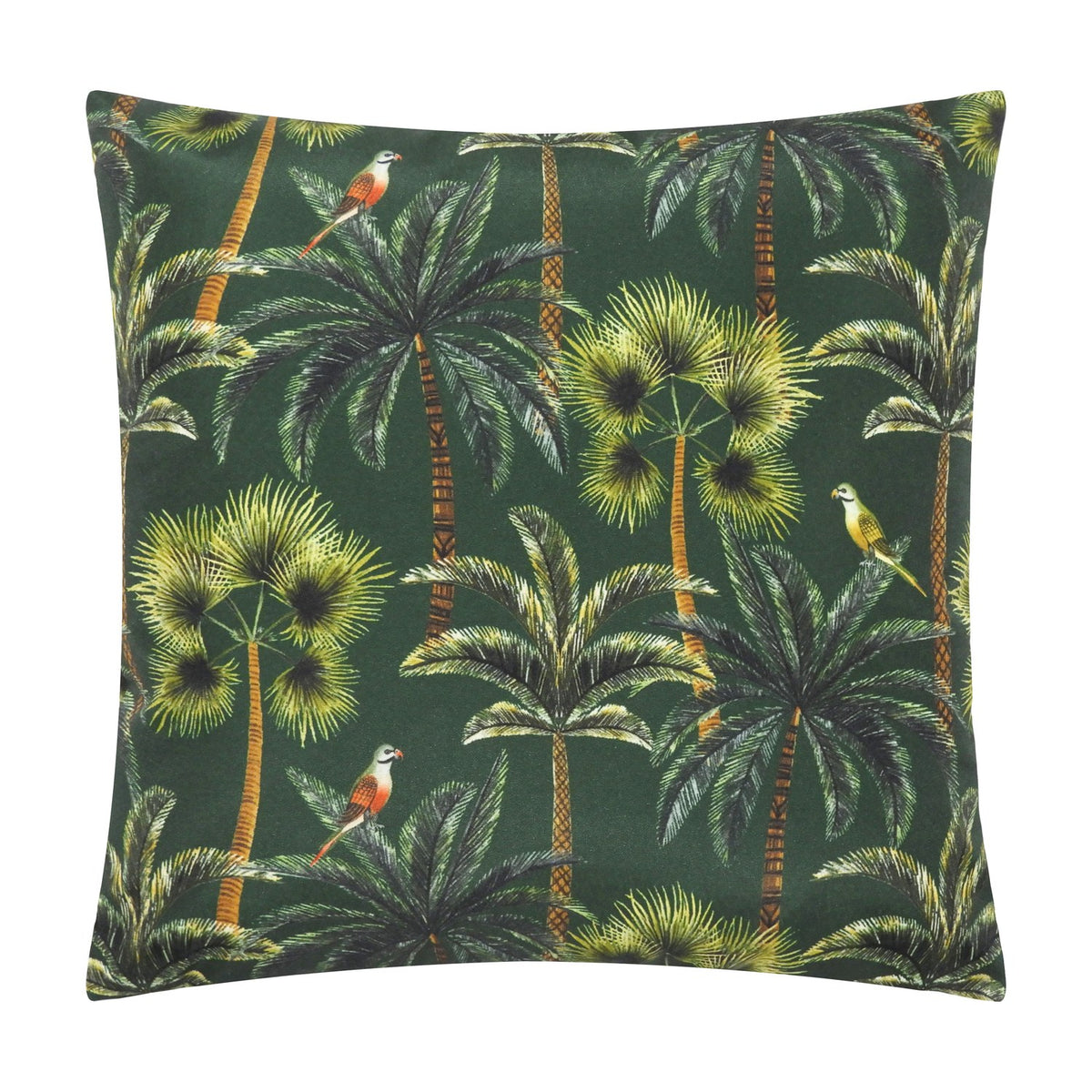 Square polyester scatter cushion in forest green, printed with palm trees in olive and bronze tones and colourful perched parrots, shown on a plain white background.