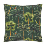 Square polyester scatter cushion in forest green, printed with palm trees in olive and bronze tones and colourful perched parrots, shown on a plain white background.