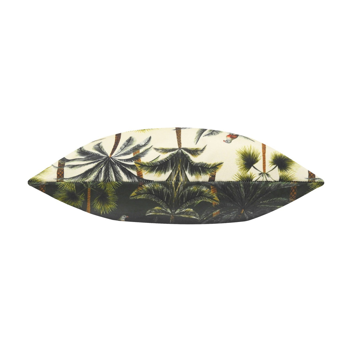 Palms Reversible Polyester Cushion in Forest, shown edge-on with a tropical palm print in olive, sage and cream on a forest-green ground, against a plain white background.