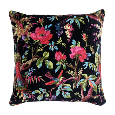 Paradise Velvet Cotton Cushion in black, featuring a printed design of peacocks, hummingbirds, roses and leaves in pink, blue and green tones, shown on a plain white background.