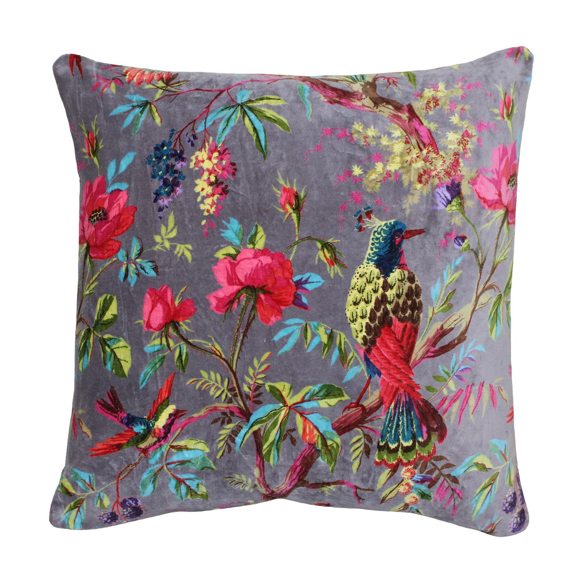 Paradise Velvet Cotton Cushion in mink grey, square with a chinoiserie bird and floral print in pink, teal and chartreuse, shown on a plain white background.