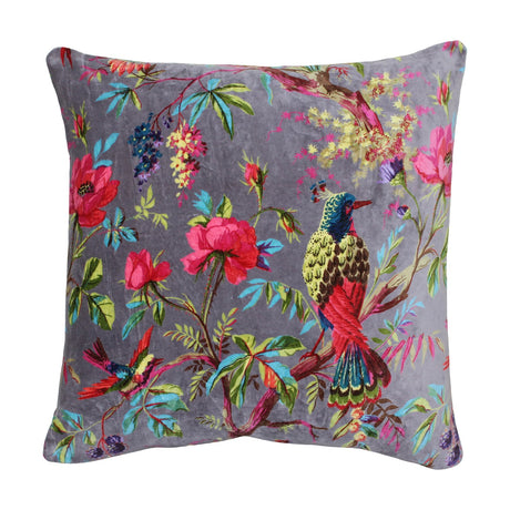 Paradise Velvet Cotton Cushion in mink grey, square with a chinoiserie bird and floral print in pink, teal and chartreuse, shown on a plain white background.