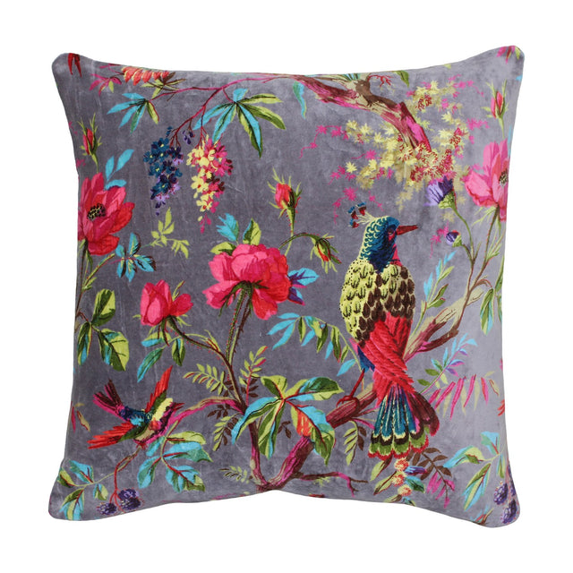 Paradise Velvet Cotton Cushion in mink grey, square with a chinoiserie bird and floral print in pink, teal and chartreuse, shown on a plain white background.