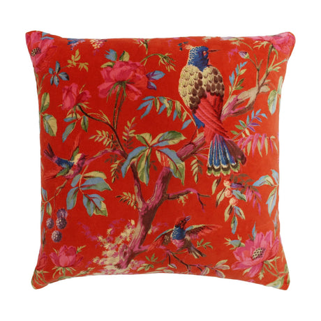 Paradise Velvet Cotton Cushion in orange, a 50 x 50cm square cover with a chinoiserie-style bird and floral print featuring perched songbirds, roses and foliage, shown on a plain white background.