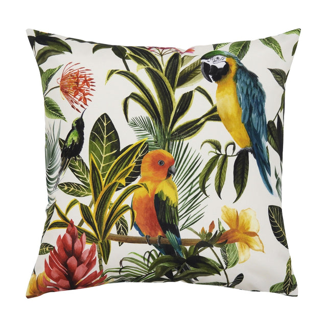 Square polyester cushion with a tropical print on a white background, featuring a blue and gold macaw, an orange and green parrot, a small green bird, palm leaves and red and yellow flowers.