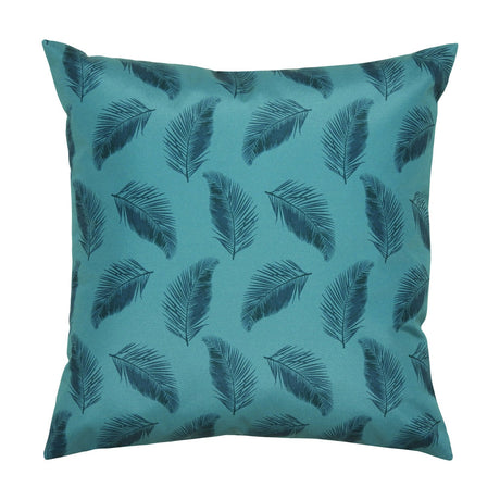 Square teal polyester cushion with an all-over pattern of dark feather or palm leaf silhouettes, shown on a plain white background.